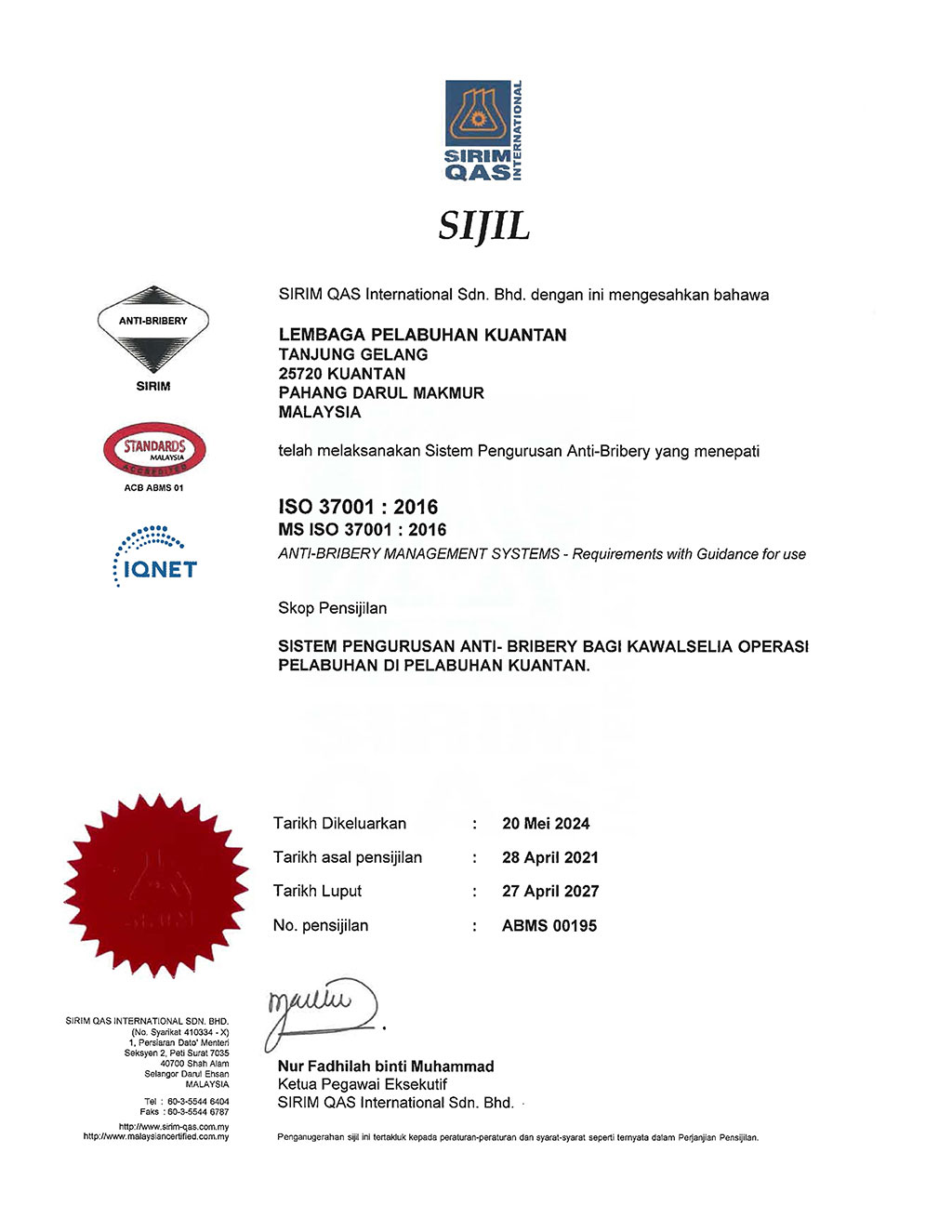 Sijil-Anti-Bribery Sijil ISMS ISOIEC 270012013 – Lembaga Pelabuhan Kuantan